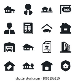 Set of vector isolated black icon - office building vector, contract, house, with garage, tree, estate document, sale, agent, smart home, insurance