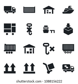 Set of vector isolated black icon - sea shipping vector, truck trailer, cargo container, car delivery, port, consolidated, up side sign, no hook, warehouse, package, moving