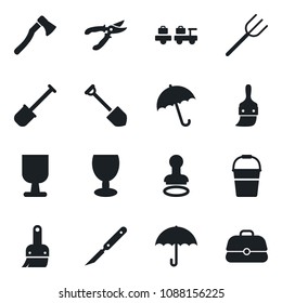 Set of vector isolated black icon - umbrella vector, stamp, baggage larry, job, shovel, farm fork, bucket, pruner, axe, scalpel, fragile, themes, case