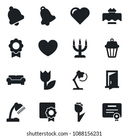 Set of vector isolated black icon - heart vector, tulip, bell, sertificate, desk lamp, cushioned furniture, restaurant table, candle, outdoor, door, certificate