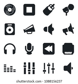 Set of vector isolated black icon - vinyl vector, microphone, speaker, loudspeaker, settings, equalizer, headphones, stop button, rewind, rca, hdmi, tuning, sound