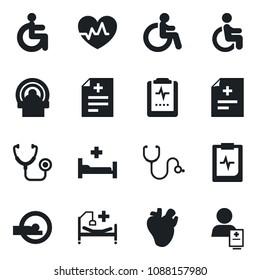 Set of vector isolated black icon - disabled vector, heart pulse, diagnosis, stethoscope, tomography, hospital bed, real, clipboard, patient