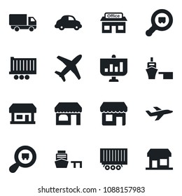 Set of vector isolated black icon - shop vector, store, plane, truck trailer, car delivery, sea port, search cargo, presentation, storefront