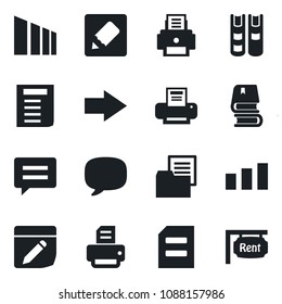 Set of vector isolated black icon - right arrow vector, document, printer, folder, sorting, message, notes, book, rent