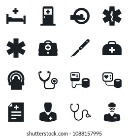 Set of vector isolated black icon - medical room vector, doctor case, diagnosis, stethoscope, blood pressure, scalpel, tomography, ambulance star, hospital bed