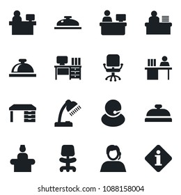 Set of vector isolated black icon - reception bell vector, office chair, desk, manager place, support, lamp, information