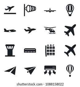 Set of vector isolated black icon - plane vector, airport tower, departure, wind, helicopter, seat map, air conditioner, paper, balloon