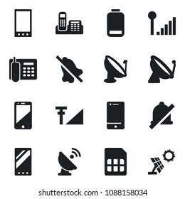 Set of vector isolated black icon - satellite antenna vector, cell phone, low battery, mobile, sim, mute, cellular signal, office, sun panel