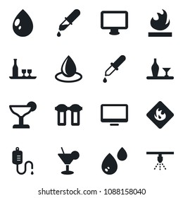 Set of vector isolated black icon - water drop vector, dropper, flammable, monitor, alcohol, cocktail, filter, sprinkler