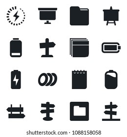 Set of vector isolated black icon - signpost vector, notepad, presentation board, low battery, folder, charge, blank box, plates, guidepost