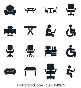 Set of vector isolated black icon - cafe vector, office chair, desk, picnic table, disabled, cushioned furniture, restaurant, man with notebook