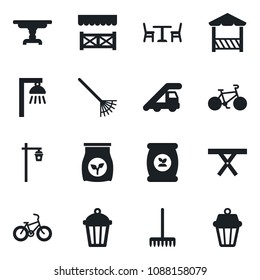 Set of vector isolated black icon - cafe vector, ladder car, rake, garden light, picnic table, fertilizer, bike, alcove, outdoor lamp
