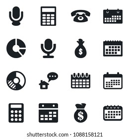 Set of vector isolated black icon - calendar vector, circle chart, microphone, calculator, phone, home message, money bag