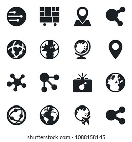Set of vector isolated black icon - bomb in case vector, globe, plane, earth, pin, consolidated cargo, network, share, social media