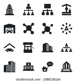 Set of vector isolated black icon - hierarchy vector, well, molecule, hospital, office building, garage, home message