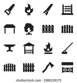 Set of vector isolated black icon - fence vector, tree, saw, fire, hoe, axe, abacus, table, alcove
