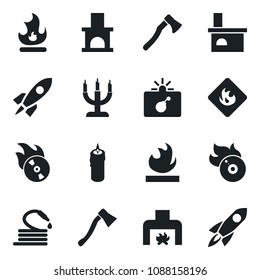 Set of vector isolated black icon - bomb in case vector, fire, hose, axe, fireplace, flammable, flame disk, candle, rocket