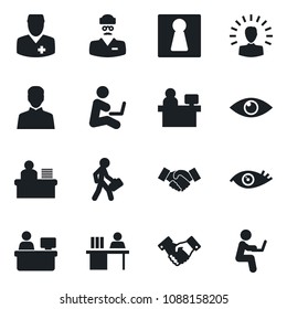 Set of vector isolated black icon - female vector, handshake, manager place, eye, doctor, user, desk, shining head, man with notebook