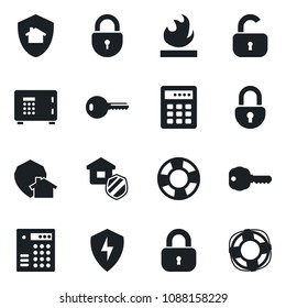 Set of vector isolated black icon - safe vector, lock, flammable, protect, key, estate insurance, home, combination, crisis management