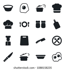 Set of vector isolated black icon - cook vector, cafe, hat, salt and pepper, bowl, cutting board, knife, steaming pan, omelette