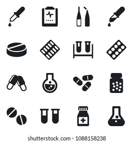 Set of vector isolated black icon - blood test vial vector, dropper, pills, bottle, blister, ampoule, pulse clipboard, flask