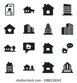 Set of vector isolated black icon - house vector, office building, with garage, tree, estate document, sweet home, city, message