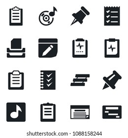 Set of vector isolated black icon - pulse clipboard vector, paper pin, notes, music, checklist, tray, schedule
