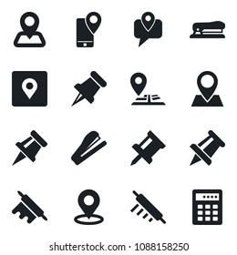 Set of vector isolated black icon - drawing pin vector, navigation, mobile tracking, paper, place tag, stapler, rolling, combination lock