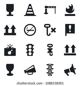 Set of vector isolated black icon - barrier vector, no smoking, bomb in case, border cone, important flag, traffic light, fragile, up side sign, hook, flammable, loudspeaker
