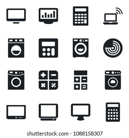 Set of vector isolated black icon - wireless notebook vector, washer, radar, calculator, tv, monitor, statistics