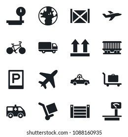 Set of vector isolated black icon - plane vector, baggage trolley, parking, alarm car, ambulance, bike, earth, railroad, delivery, container, cargo, up side sign, heavy scales