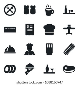 Set of vector isolated black icon - coffee vector, cook, dish, alcohol, restaurant table, cafe, hat, reserved, drink, plates, bacon, waiter, salt and pepper, receipt, steak