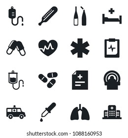 Set of vector isolated black icon - heart pulse vector, diagnosis, dropper, thermometer, pills, ampoule, tomography, ambulance star, car, hospital bed, lungs, clipboard