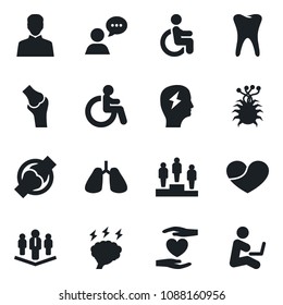 Set of vector isolated black icon - disabled vector, pedestal, brainstorm, heart hand, lungs, tooth, joint, virus, speaker, user, company, man with notebook