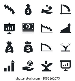 Set of vector isolated black icon - growth statistic vector, money bag, crisis graph, irrigation, investment, cash, presentation