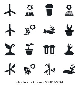 Set of vector isolated black icon - seedling vector, sproute, sun panel, windmill, water filter, palm