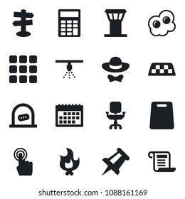 Set of vector isolated black icon - airport tower vector, taxi, ticket office, drawing pin, fire, signpost, touch screen, menu, calendar, calculator, chair, dress code, cutting board, omelette
