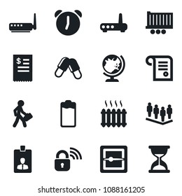 Set of vector isolated black icon - globe vector, identity card, team, pills, truck trailer, battery, alarm, scanner, manager, heater, restaurant receipt, wireless lock, router, contract, sand clock