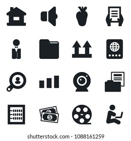 Set of vector isolated black icon - passport vector, document, real heart, cash, up side sign, sorting, reel, folder, abacus, house, client search, waiter, web camera, sound, man with notebook