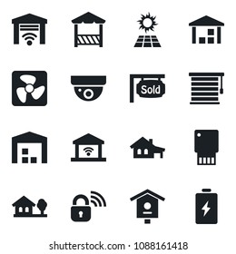 Set of vector isolated black icon - bird house vector, warehouse, with garage, tree, sold signboard, alcove, fan, wireless lock, jalousie, gate control, sun panel, usb flash, surveillance, battery