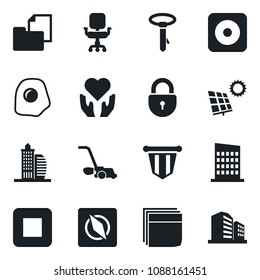 Set of vector isolated black icon - lock vector, pennant, lawn mower, heart hand, folder document, stop button, rec, compass, office chair, blank box, sun panel, building, city house, omelette, tie