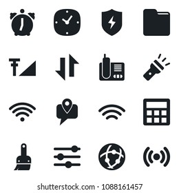 Set of vector isolated black icon - mobile tracking vector, radio phone, protect, tuning, themes, calculator, clock, alarm, network, folder, data exchange, wireless, torch, cellular signal