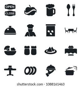 Set of vector isolated black icon - spoon and fork vector, seeds, diet, cook, dish, restaurant table, serviette, beer, salad, plates, waiter, salt pepper, cafe, open close, steaming pan