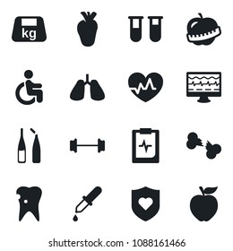 Set of vector isolated black icon - heart pulse vector, monitor, blood test vial, dropper, ampoule, barbell, shield, disabled, lungs, real, caries, broken bone, clipboard, diet, heavy, apple fruit