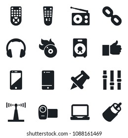 Set of vector isolated black icon - flame disk vector, radio, antenna, settings, video camera, remote control, cell phone, headphones, laptop pc, chain, speaker, finger up, paper pin, rca