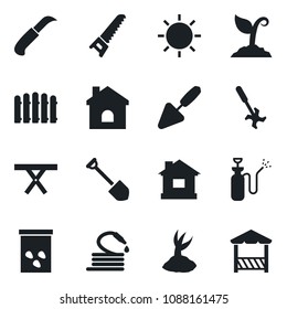 Set of vector isolated black icon - job vector, trowel, fence, sproute, saw, house, sun, hose, garden knife, seeds, picnic table, sprayer, ripper, alcove