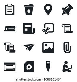 Set of vector isolated black icon - contract vector, coffee, plant label, pin, paper, gallery, cut, clipboard, clip, news, document search, stapler, plane, schedule, man with notebook