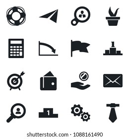 Set of vector isolated black icon - seedling vector, target, consumer search, gear, wallet, crisis, investment, flag, calculator, paper plane, management, mail, pedestal, tie