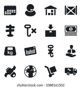 Set of vector isolated black icon - signpost vector, earth, satellite, cash, support, client, term, container, cargo, no hook, warehouse, package, heavy, barcode, moving