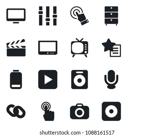 Set of vector isolated black icon - clapboard vector, archive chest, camera, tv, settings, microphone, touch screen, monitor, chain, speaker, favorites list, low battery, play button, rec